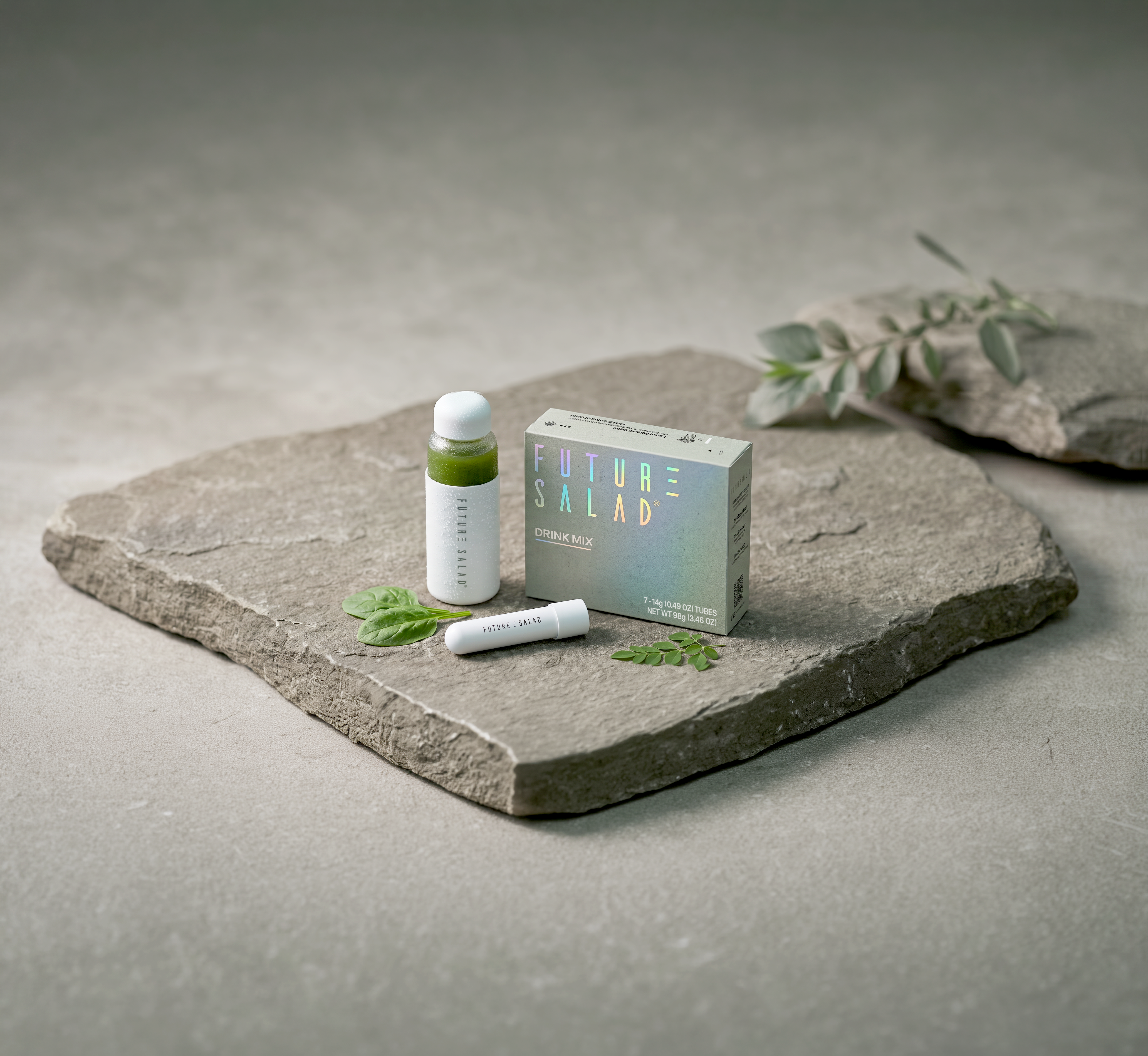 Future Salad products on a stone slab