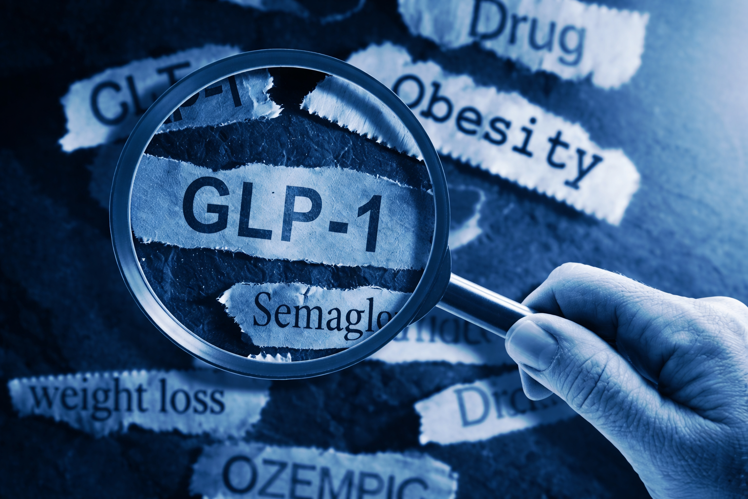 Hand holding a magnifying glass on GLP-1
