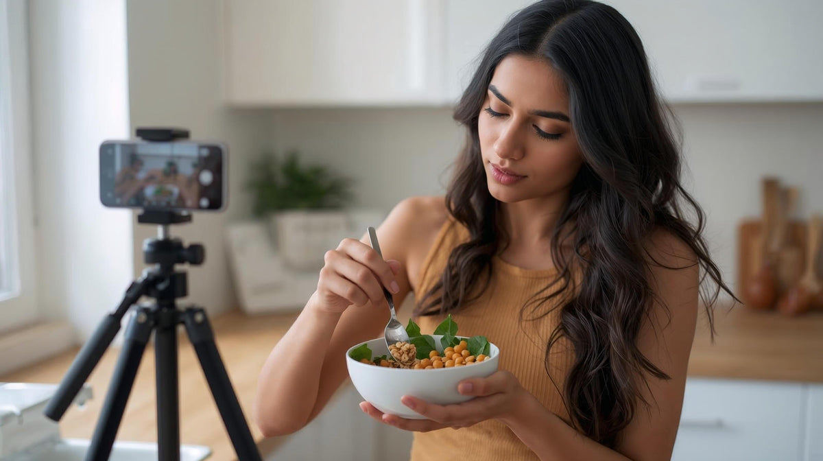 A woman filming herselp while eating a healthy bowl 