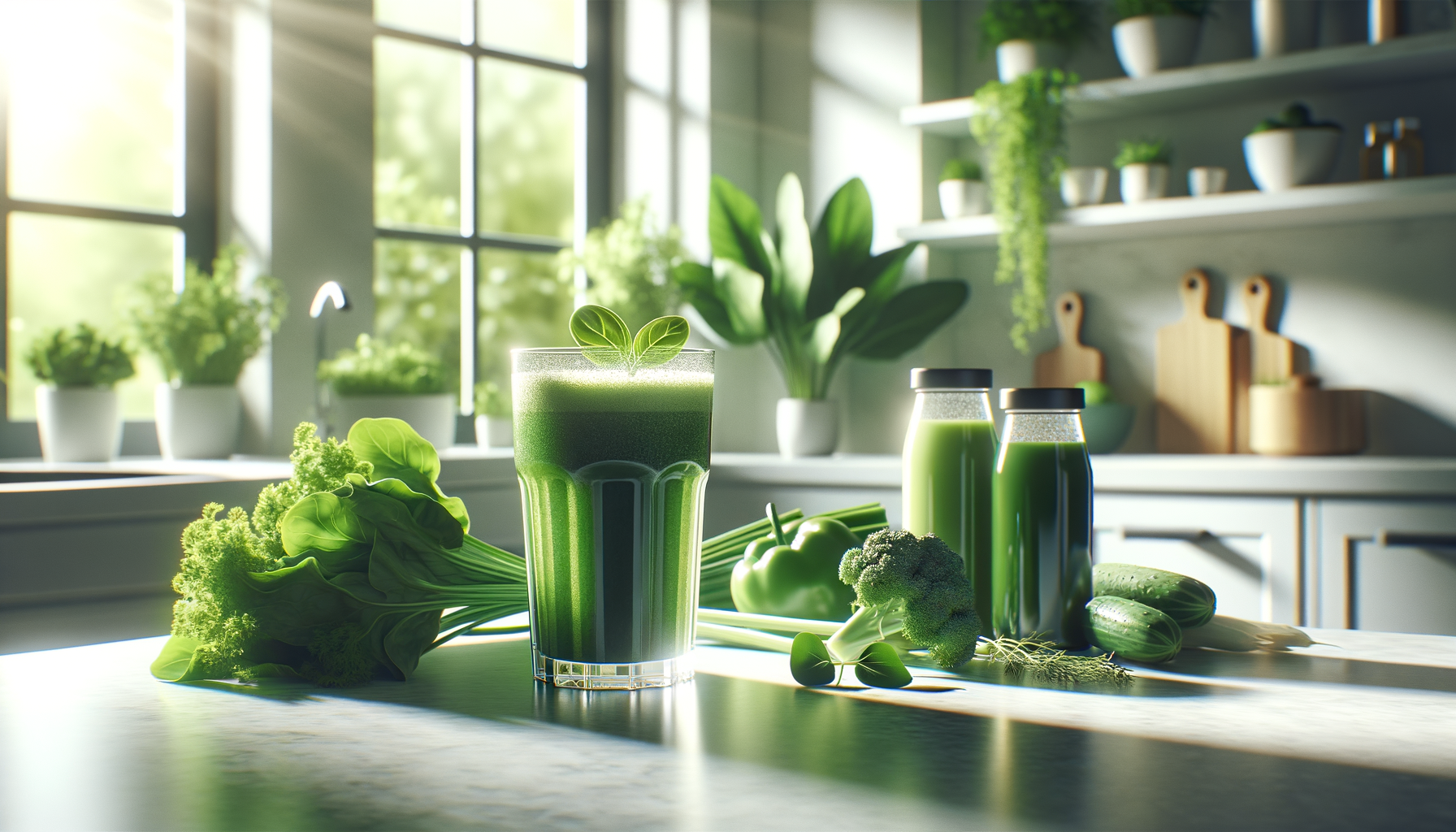bright kitchen scene with green detox drink, leafy greens, and clean product packs